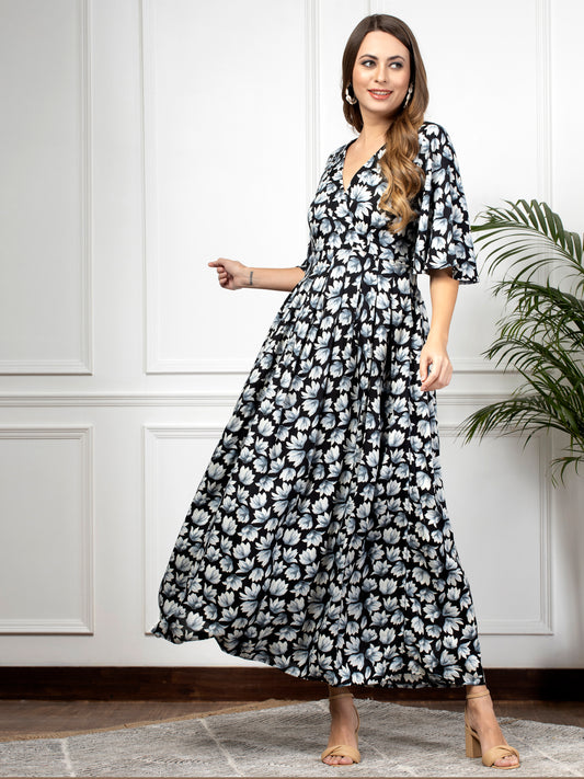 Black Floral Print Wrap Maxi dress