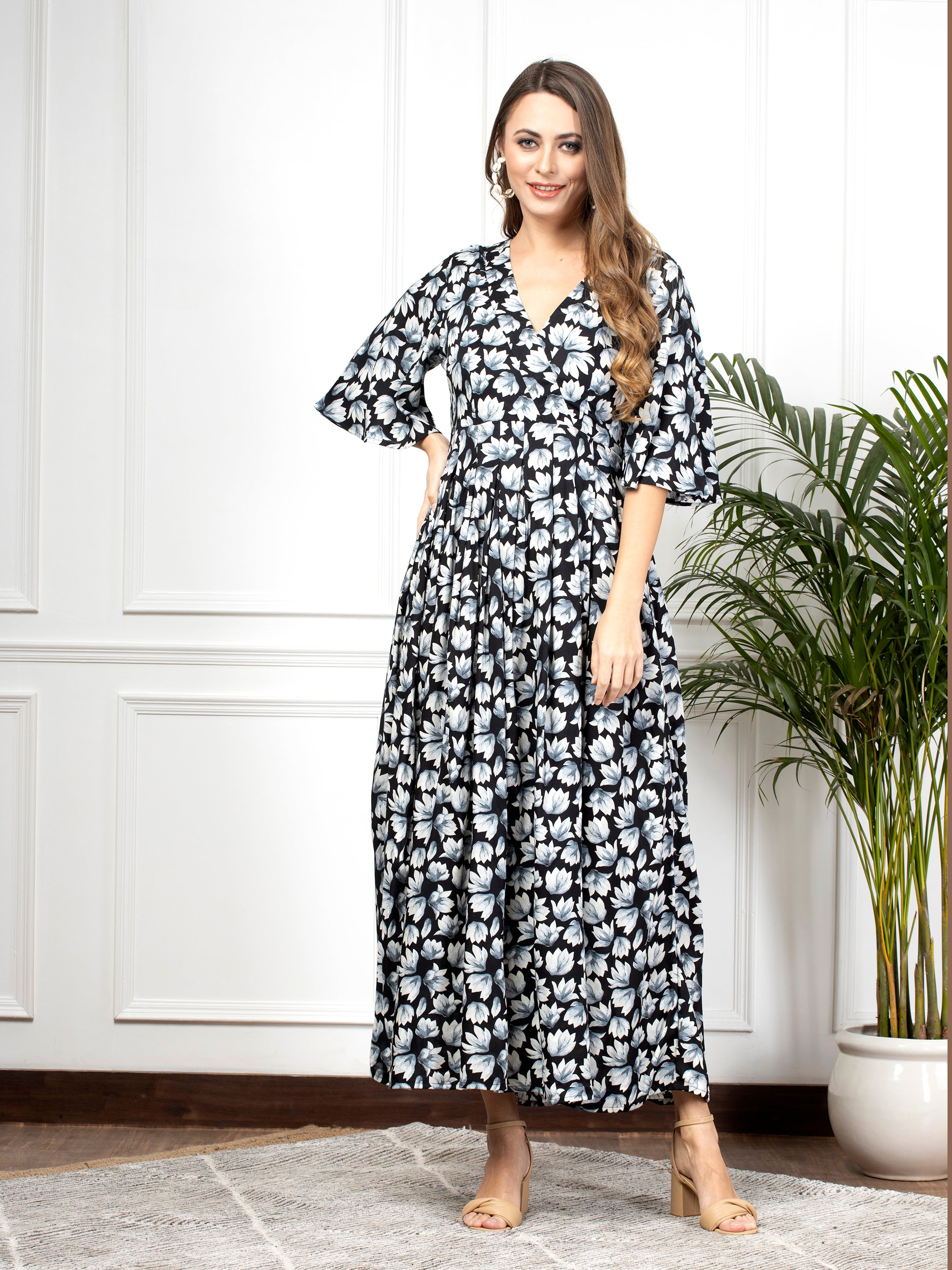 Navy Blue Polyester Floral Printed Maxi Dress VD1026 – Ahika
