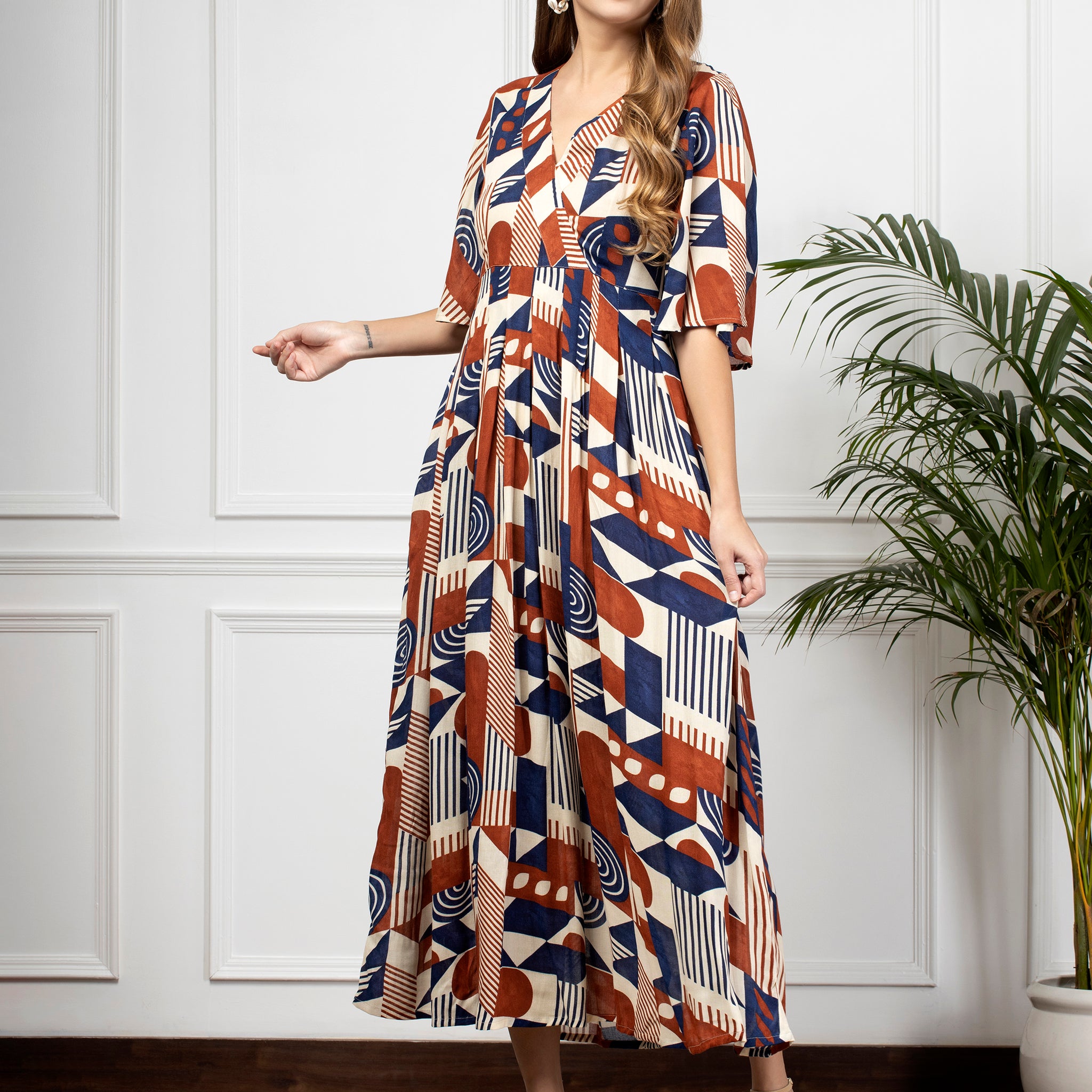 Brown Geometrical  Print Wrap Maxi Dress