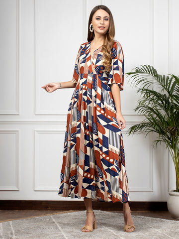 Brown Geometrical  Print Wrap Maxi Dress