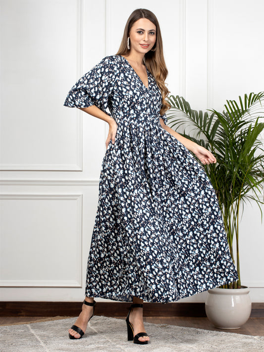 Blue floral Print Wrap Maxi Dress
