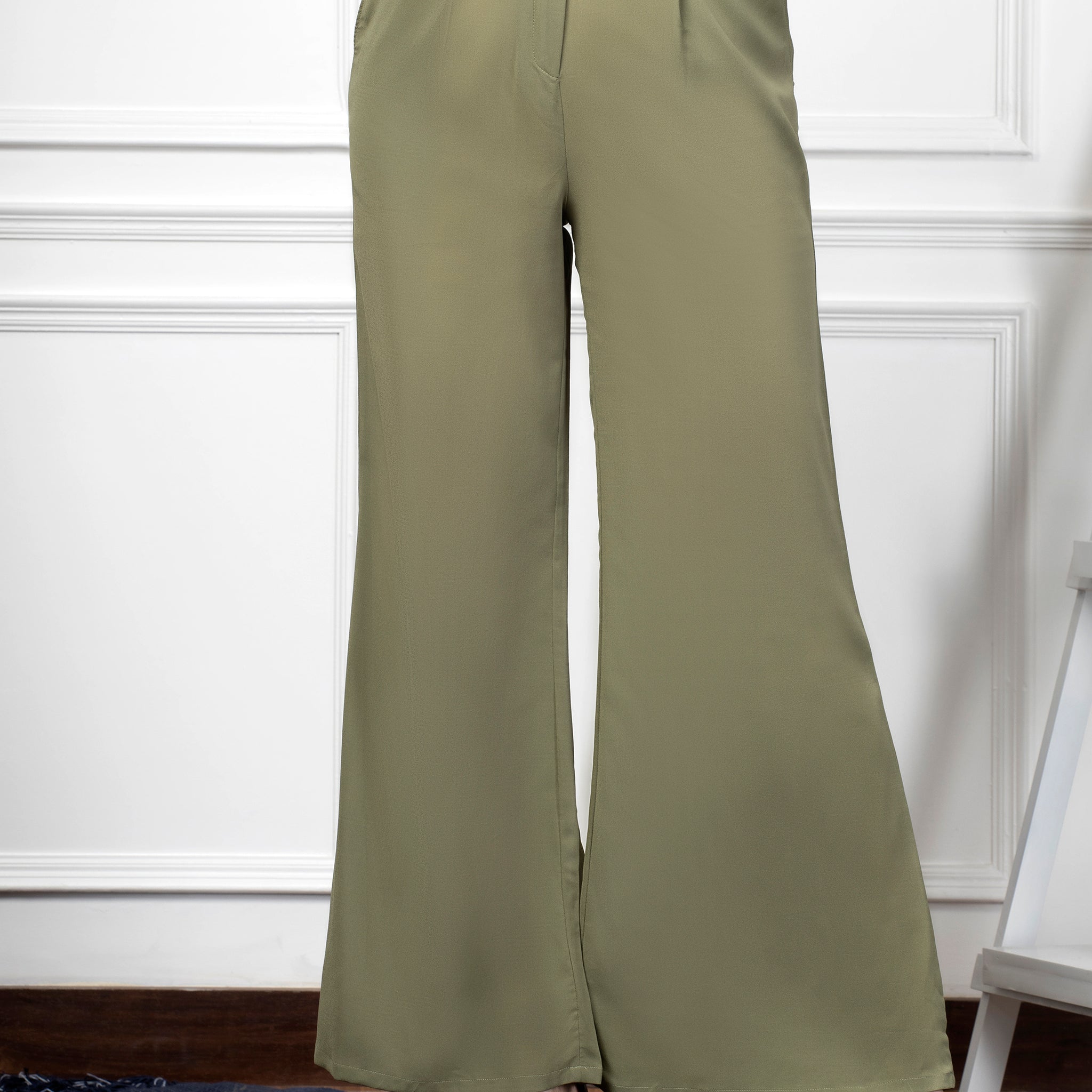 Women Green Korean Style Flare Trouser