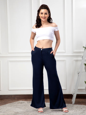Women Blue Korean Style Flare Trouser