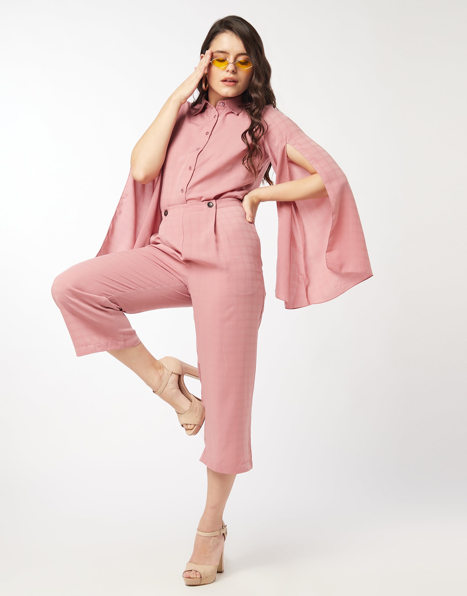 Pink Cape Sleeve Shirt & Trouser Co-ord Set