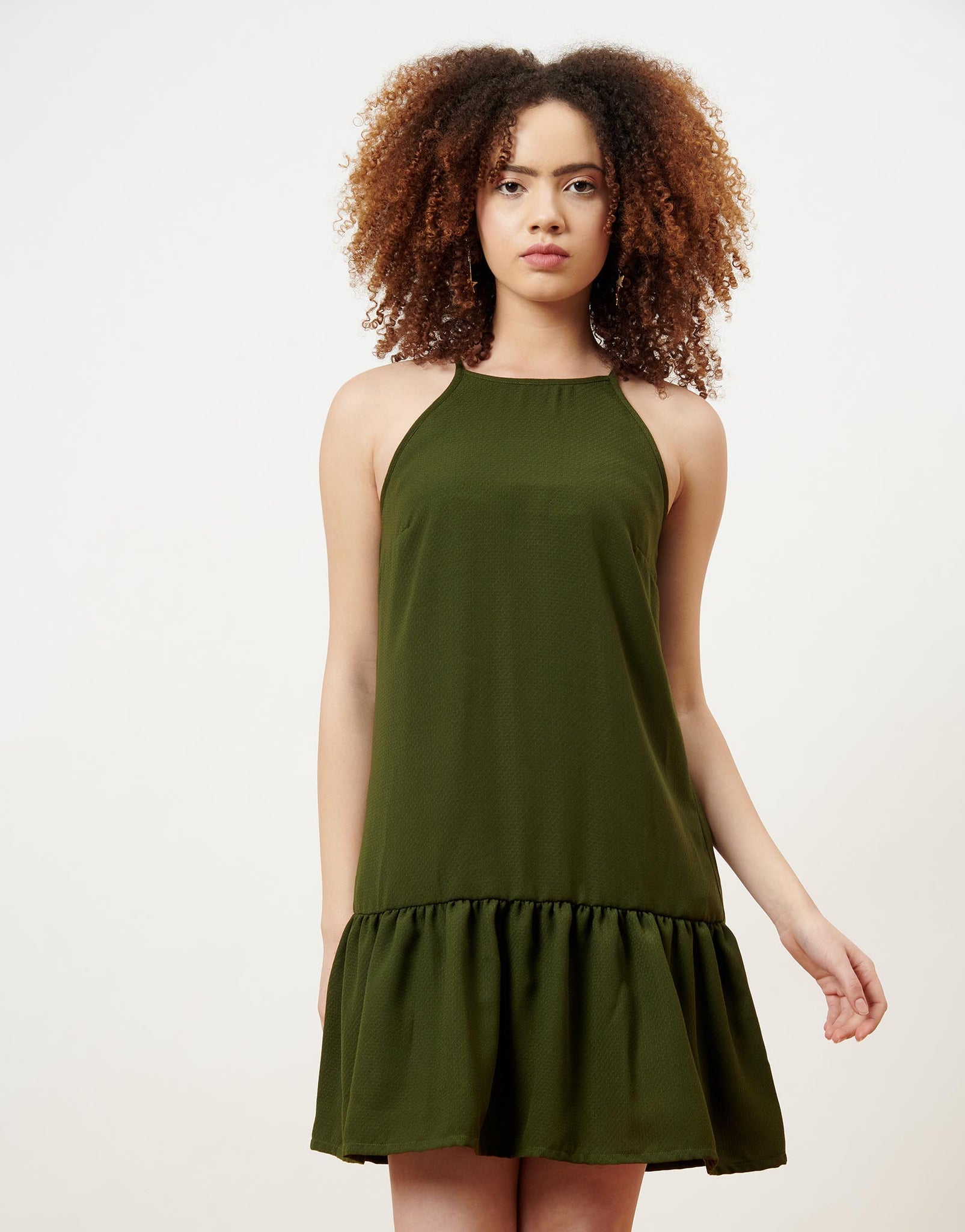 Self fabric Olive Green Shift Dress