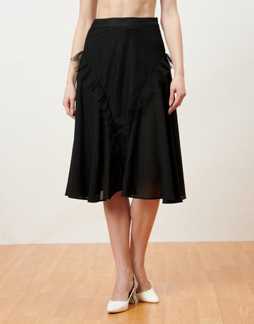 Black Ruffle Detail Midi Skirt