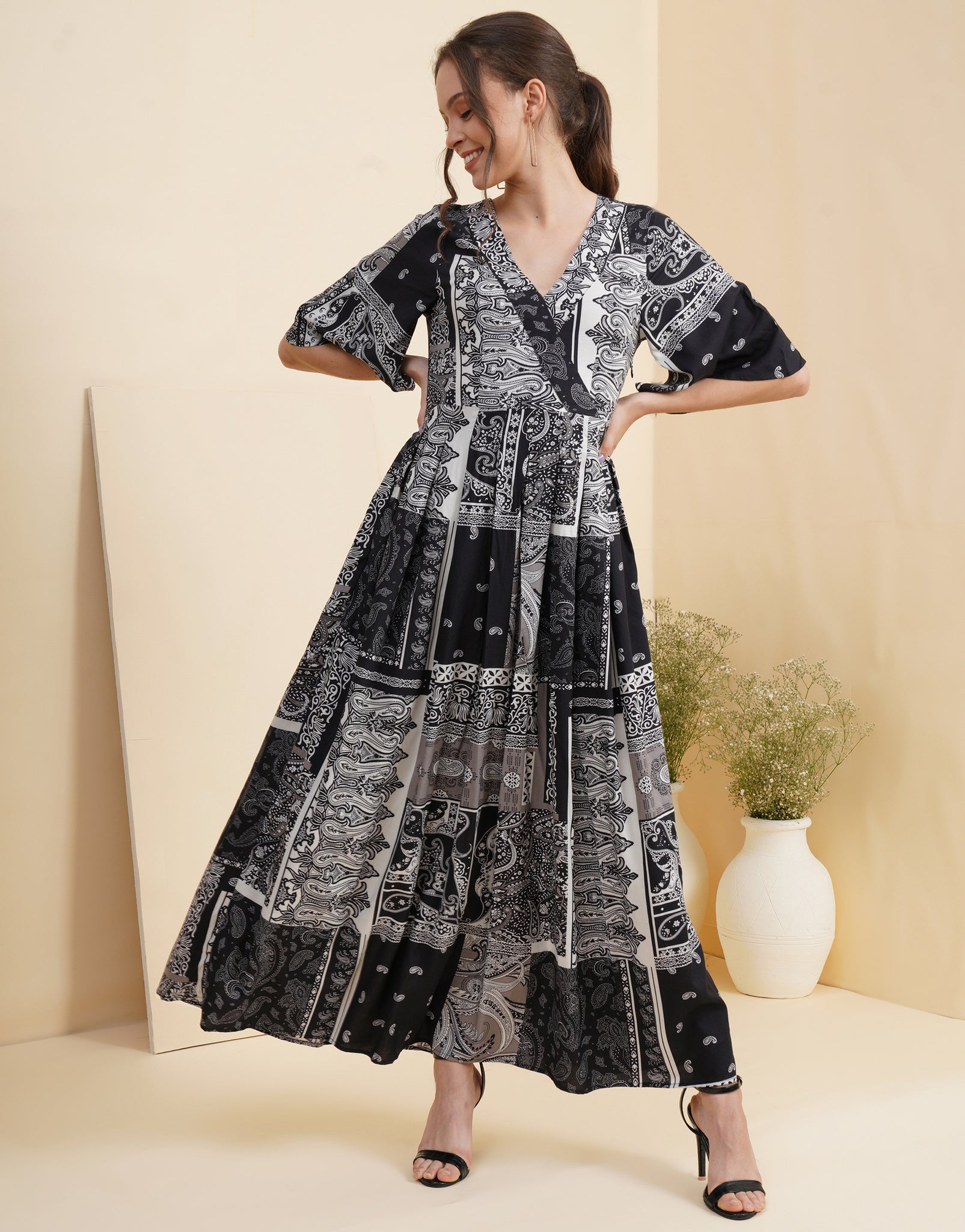 Black Scarf Print Wrap Maxi Dress